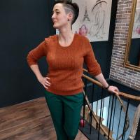 Pull femme, dos nu, dentelle, col rond, couleur rouille, Majolica